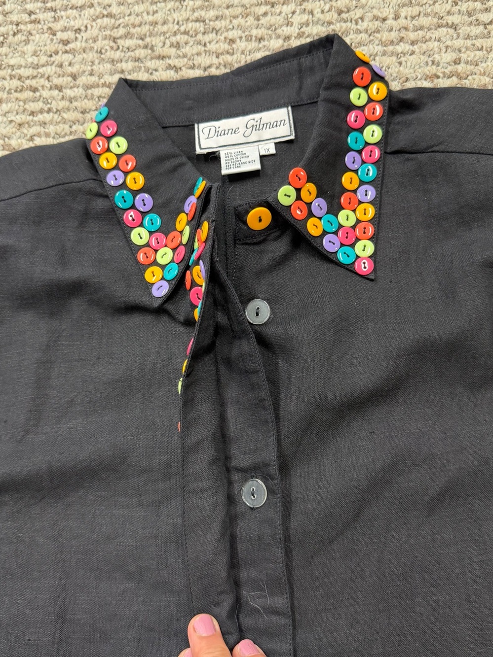 VTG Diane Gilman Black Linen Blend Blouse Top Sz XL Multicolor Button Accent NWT - Picture 15 of 15